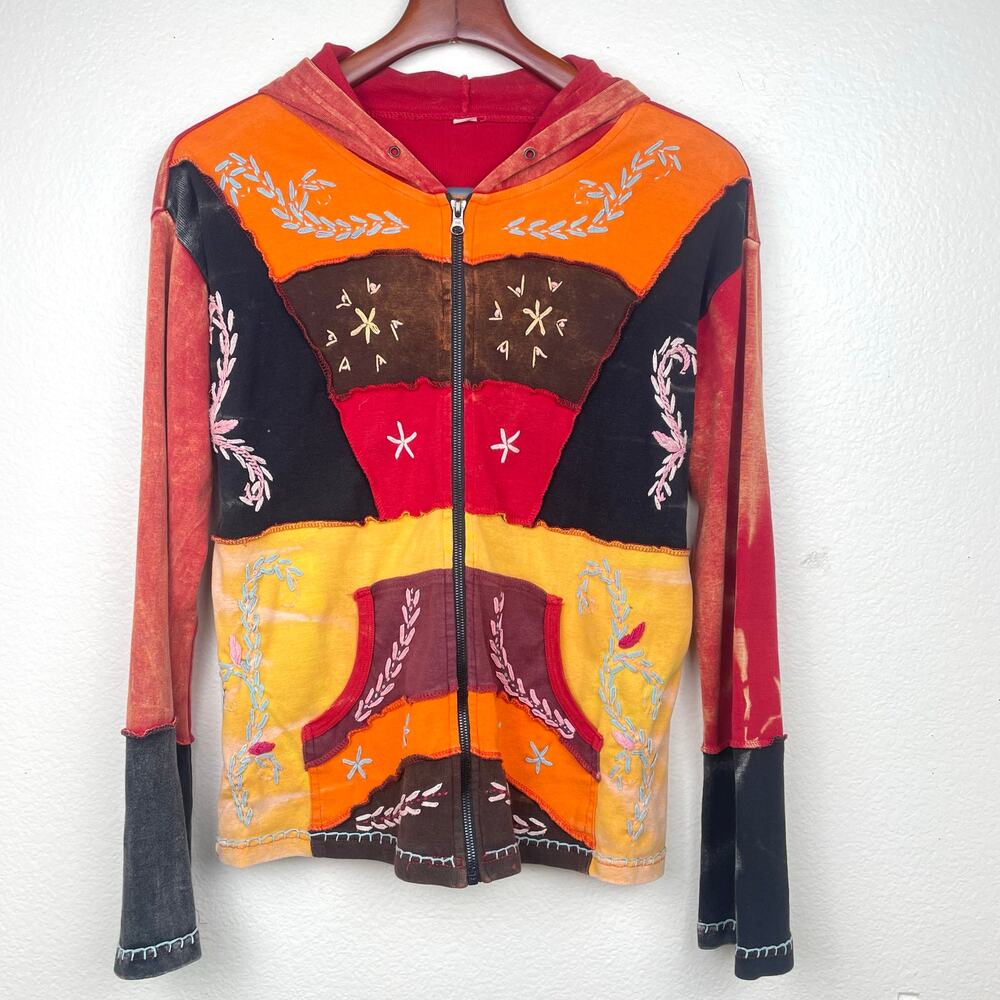 Vtg Y2K 90s Hooded Top Sz M Fairy Grunge Patchwork Embroidered Whimsigoth Zip Up